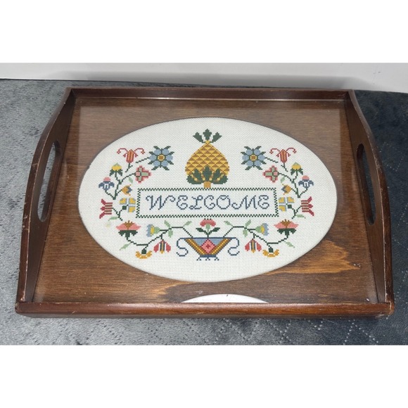 Other - Vintage Welcome Tray Cross Stitch Floral‎ Pineapple Accent Decor Serving